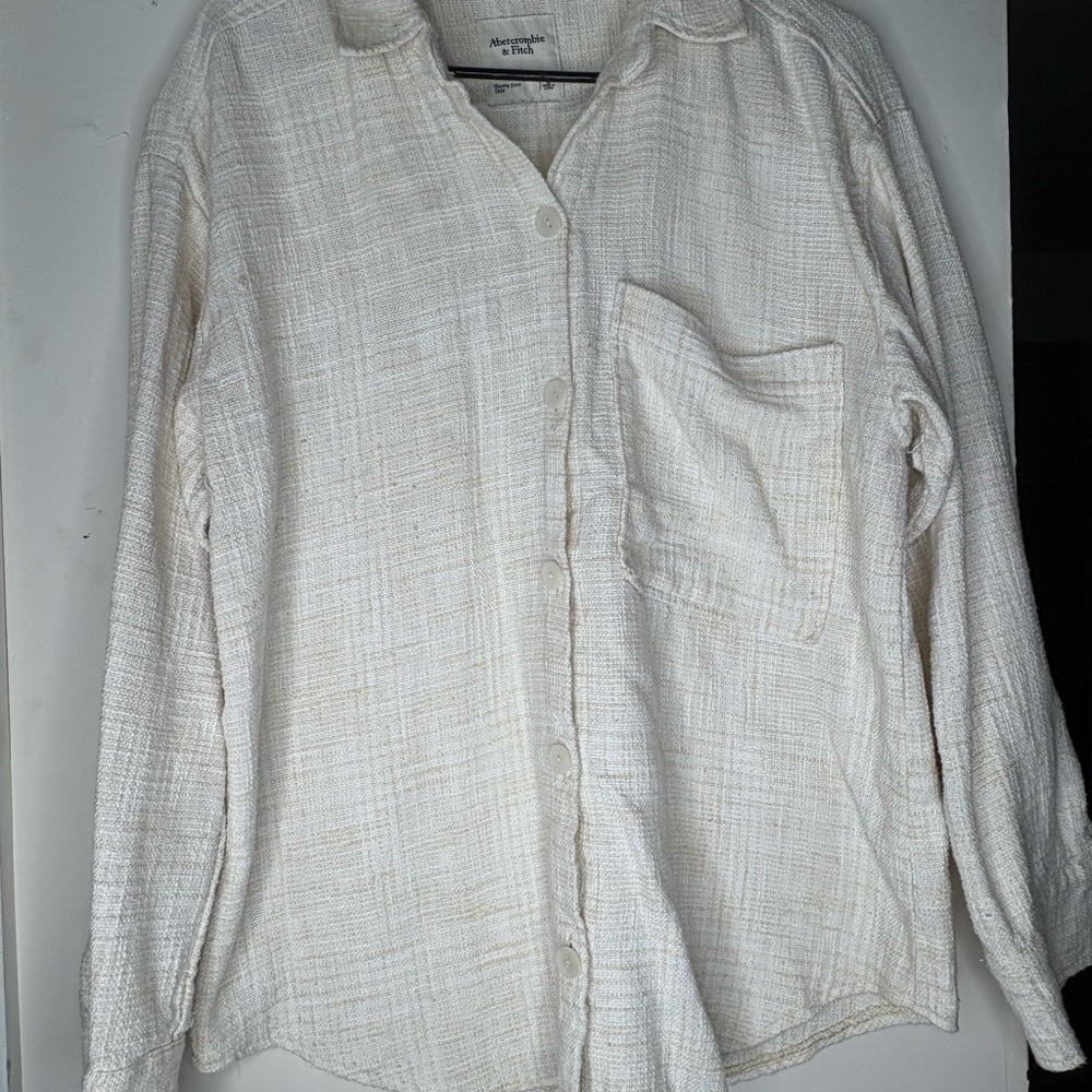 Abercrombie & Fitch Cream Textured Long-Sleeve Button-Up